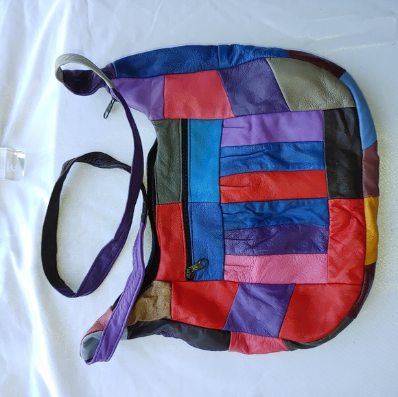 Vintage kid leather multicolored patchwork crossbody bag - Picture 2 of 5